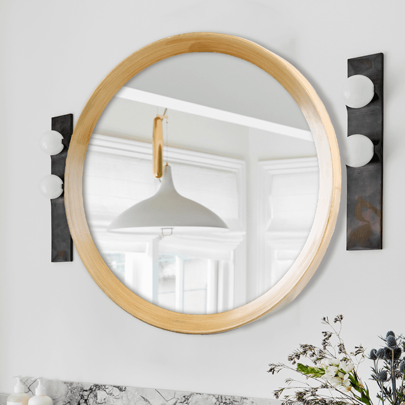 Espejo redondo de pared con aspecto de madera