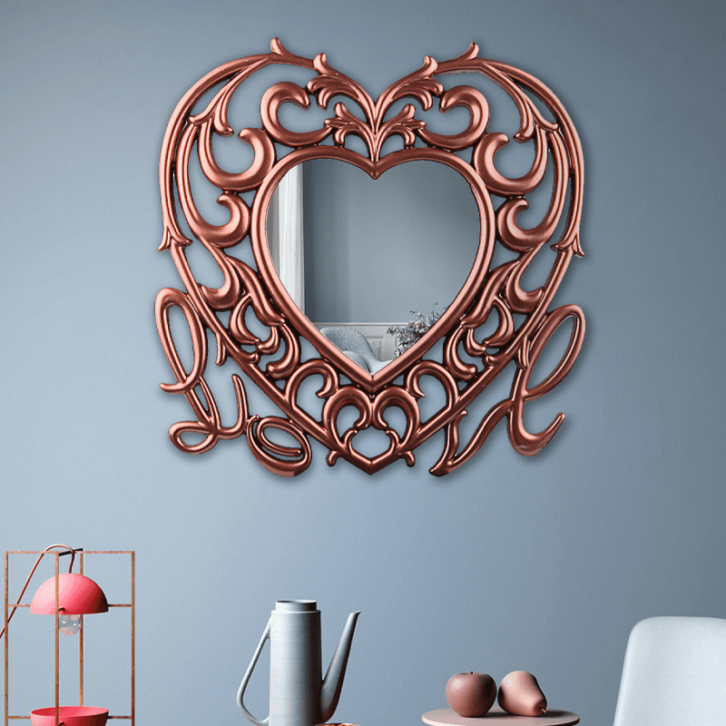 Espejo decorativo de pared en forma de corazón de cobre de 60 cm.