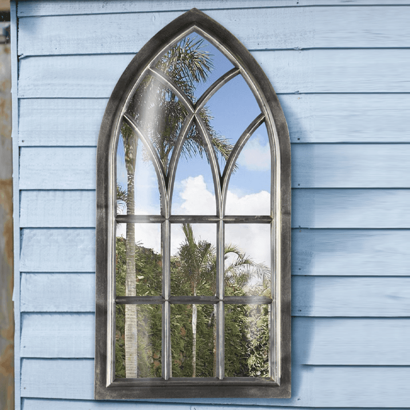 Espejo de jardín arqueado desgastado gótico champán