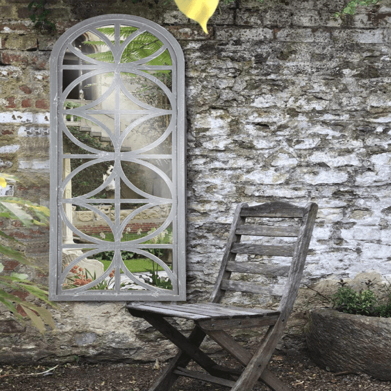 Espejo de jardín decorativo de pared arqueada envejecido gris